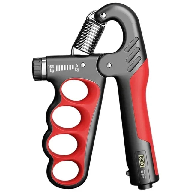 The Hand Gripper for Muscle Development and Fitness Workouts features a digital counter, bold red and black design, adjustable resistance from 5 kg to 100 kg, four finger slots on the handle, and a sturdy metal tension spring. Ideal for strength training exercises.