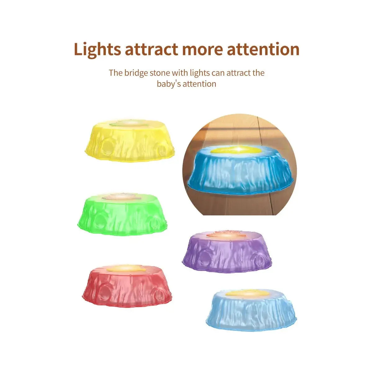 Six Rainbow Luminous Balance Stones for Kids in green, yellow, blue, and pink form a circle. Each stone has a textured surface for tactile balance training and emits a soft glow. Text reads: Lights attract more attention.