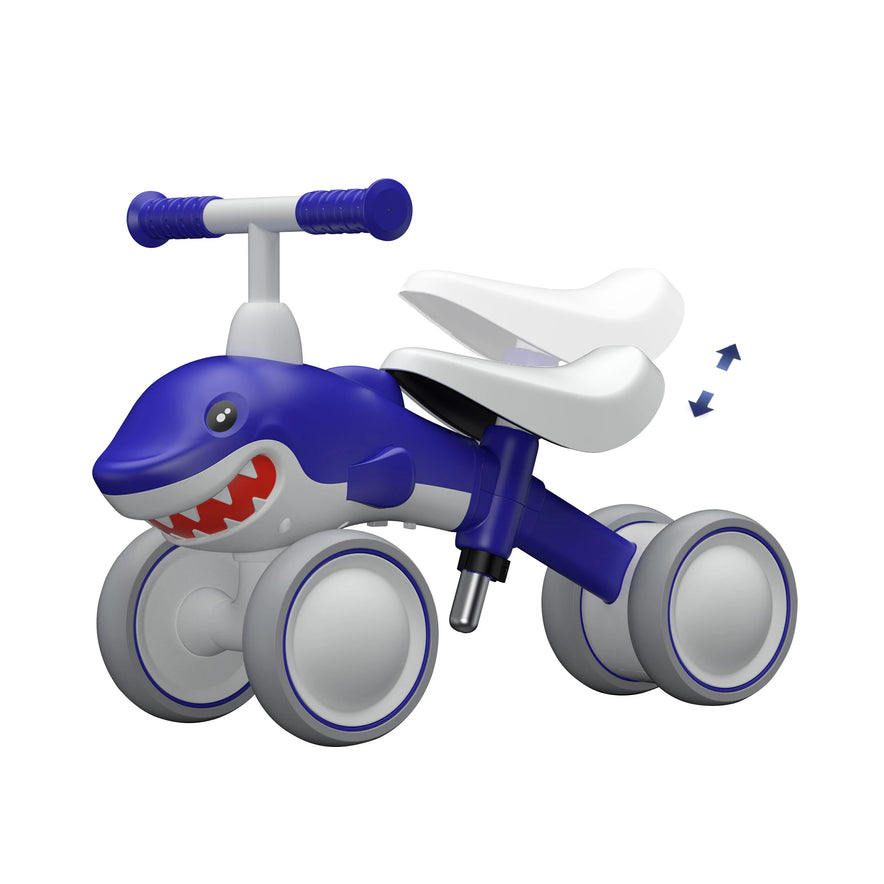 The Baby Balance Bike With 4 Wheels for toddlers ages 12 to 36 months in Shark color is a perfect first birthday gift, helping develop gross motor skills with its fun design and adjustable seat.