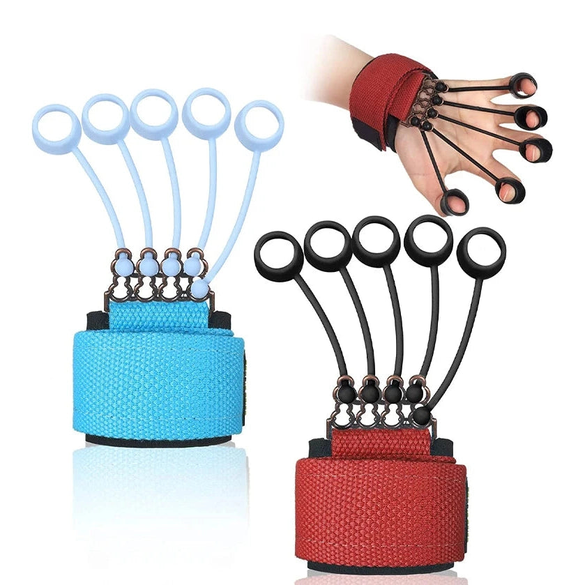 The Forearm Grip Strengthener, available in red and blue, includes elastic bands and finger loops. Demonstrated on a hand with fingers spread, its perfect for increasing hand strength and enhancing grip power.