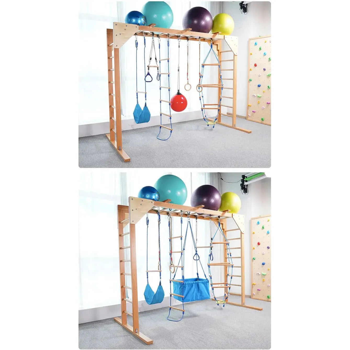 Two images display the Indoor Sensory Fitness Ladder for Kids, featuring side ladders, a horizontal beam, exercise balls, ropes, rings, and swings. This versatile apparatus is on a carpeted floor with a climbing wall in the background.