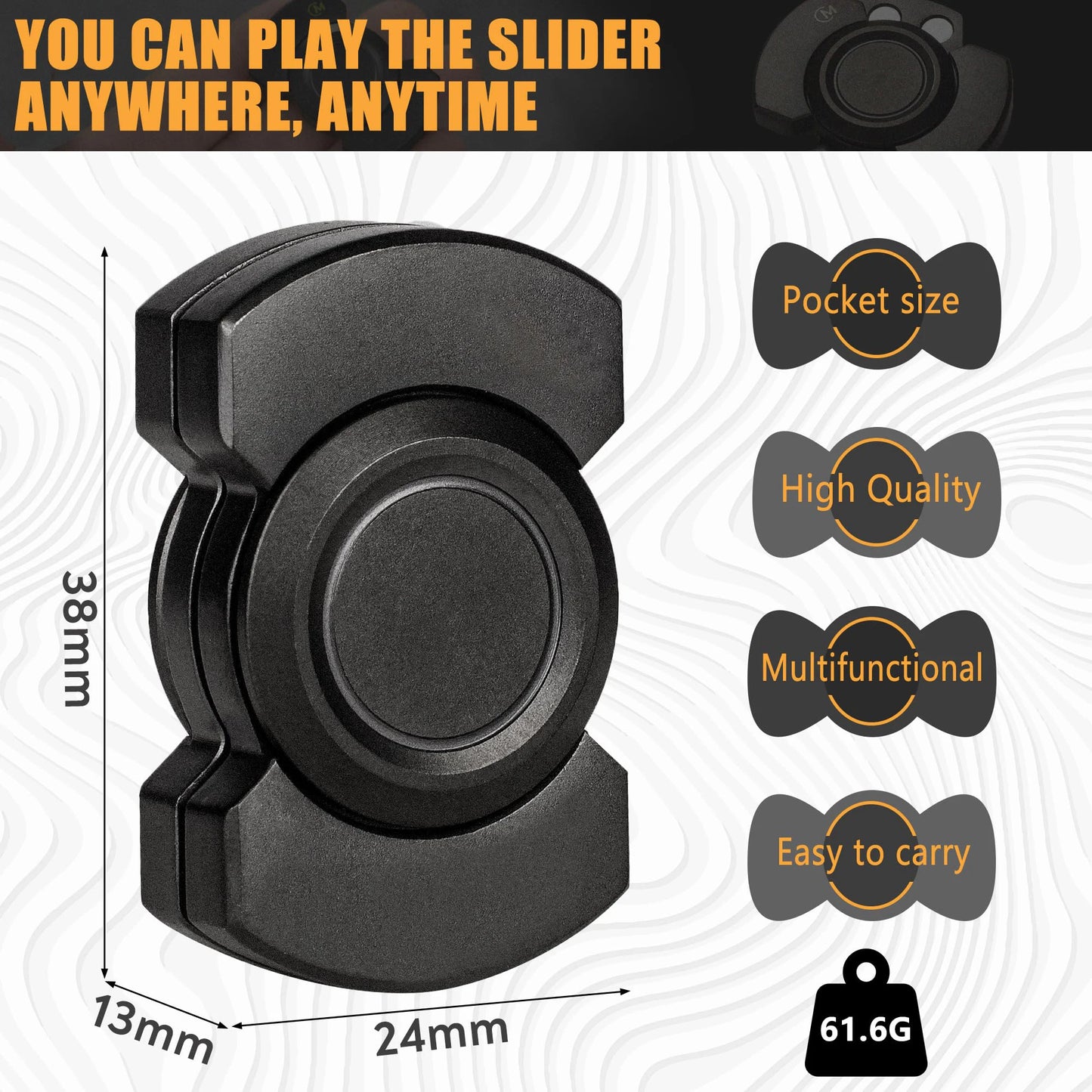 The Stainless Steel 3 in 1 Fidget Spinner and Slider Combo with Click Button is a pocket-size metal toy (38mm x 24mm x 13mm, 61.6g) for adult stress relief—multifunctional, easy to carry, and perfect to use anytime, anywhere.