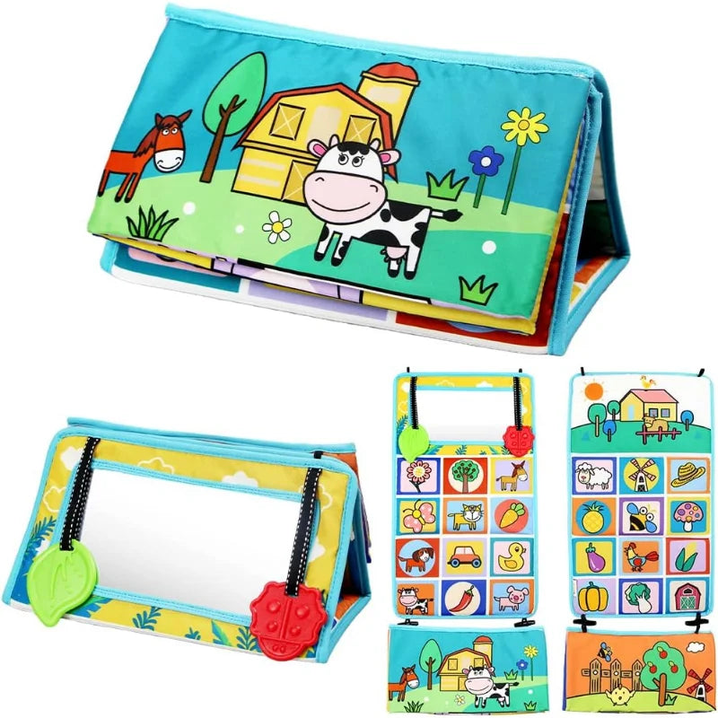 The Crinkle Cloth Book enhances sensory exploration with animal illustrations, farm scenes, tactile elements, and interactive flaps. It includes a small mirror and depicts a cow, horse, and farmhouse for newborn visual stimulation during tummy time.