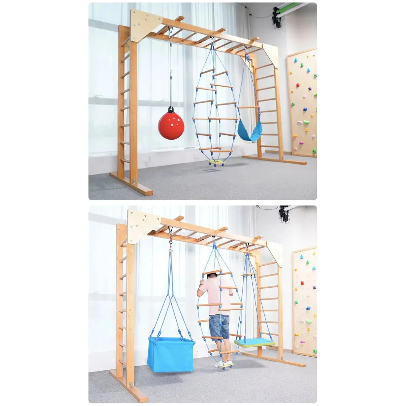 Two images of the Indoor Sensory Fitness Ladder for Kids. The top shows a climbing net, large red ball, and blue hammock for sensory integration training. The bottom features a child on the apparatus with a blue swing and tent-like seat, offering unique fitness fun.