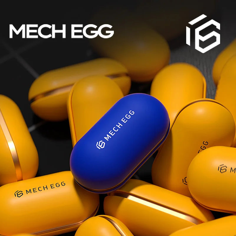 A cluster of yellow Mech Egg EDC Fidget Slider Metal Fidget Toys surrounds a single blue toy. The Mech Egg logo appears in the top left, featuring this stress relief and ADHD tool for adults—a fun anti-anxiety office desk accessory.