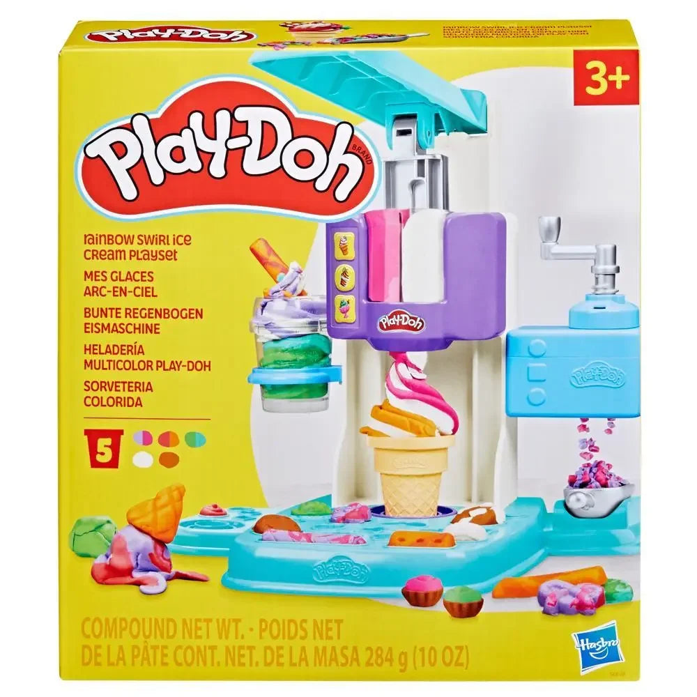 The Hasbro Play-Doh Rainbow Swirl Ice Cream Playset, ideal for ages 3 and up, allows for vibrant swirl creations with its molds and tools. It includes five colorful cans of Play-Doh for endless imaginative play.