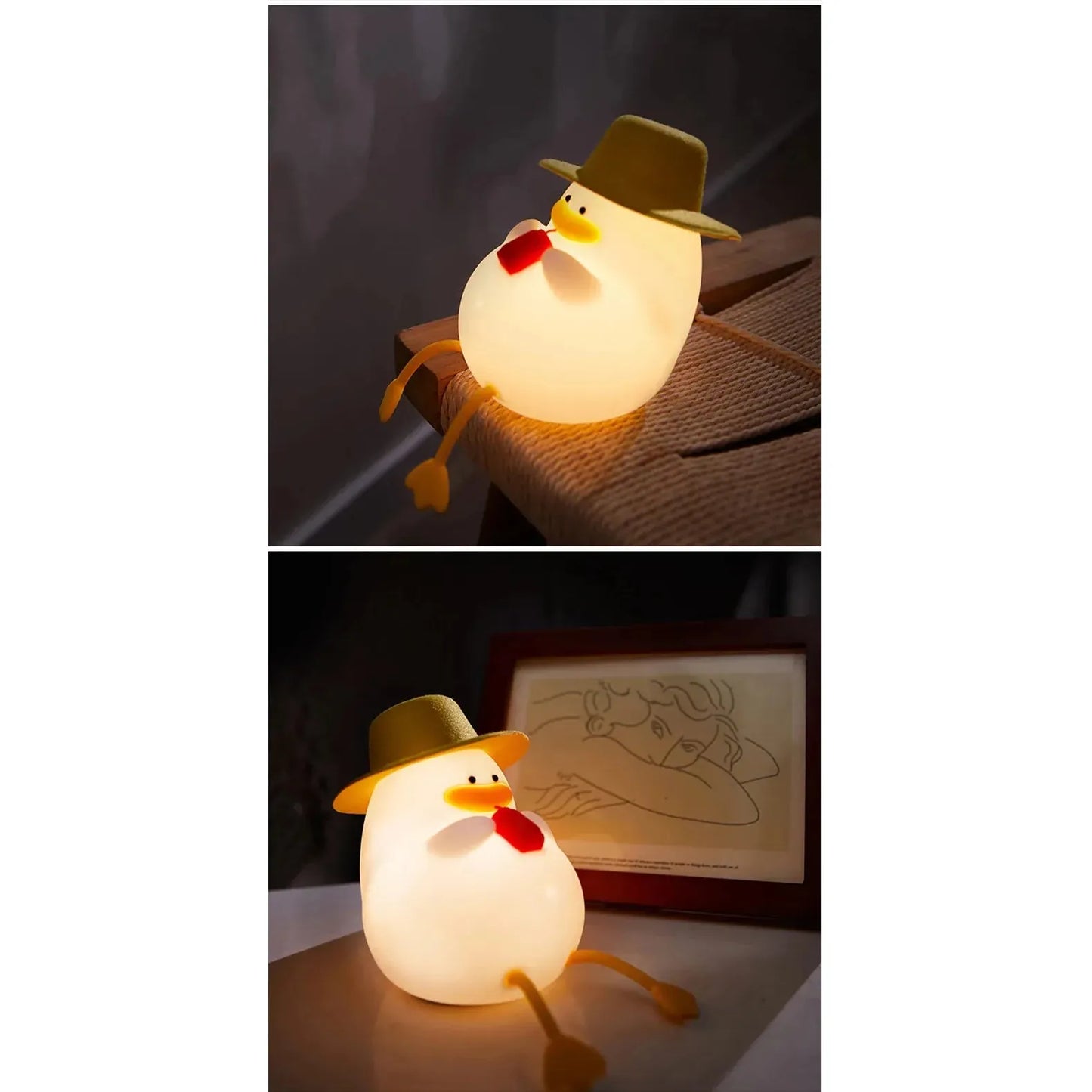 Top image: A glowing duck-shaped silicone lamp with a hat and scarf, perched on a table edge, casting warm light. Bottom image: The portable Cute Cartoon Duck rechargeable LED night light placed beside a framed sketch, softly illuminating the scene.