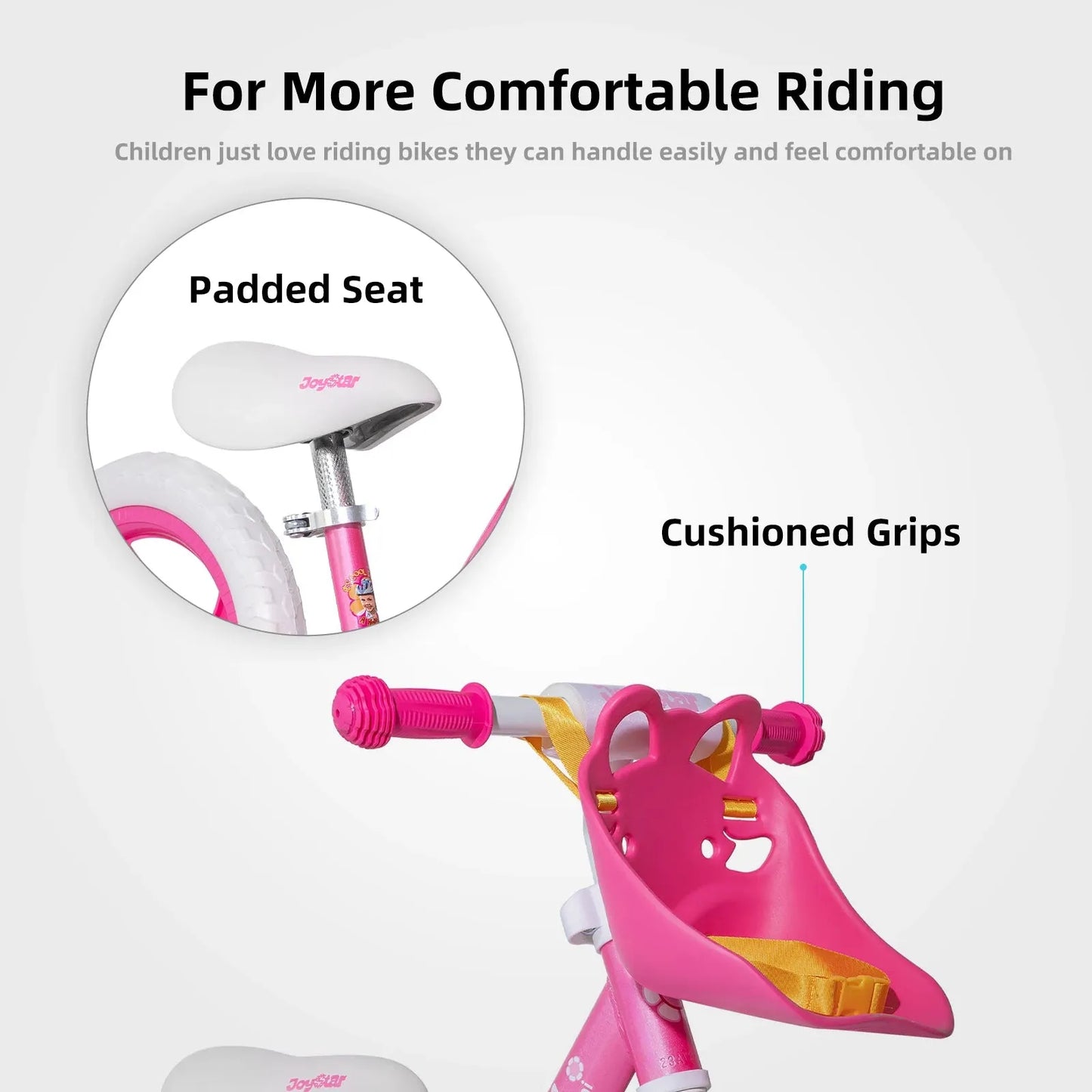 Close-up of a pink 12/14 balance bikes handlebar and seat. The lightweight design includes cushioned grips and a decorative handlebar basket. With a padded seat for comfort, this durable steel frame ensures kids aged 18 months to 6 years enjoy every ride.