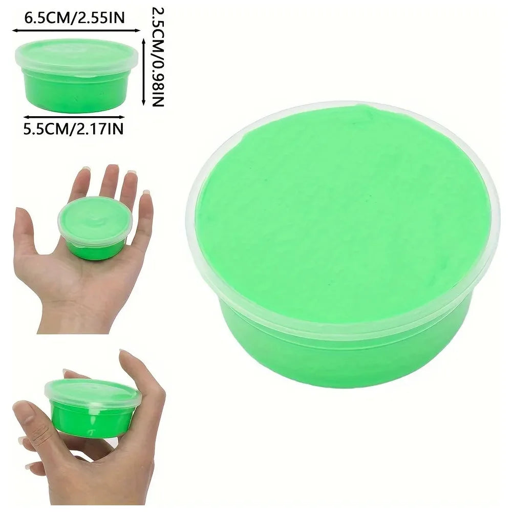 A close-up shows a hand holding Sensory 60ml Butter Slime Polymer Putty in bright green, featuring a non-sticky formula. The container is 6.5 cm (2.55 in) wide and 2.5 cm (0.98 in) high, ideal for creative play or stress relief and perfect as DIY plasticine supplies or party favors.
.