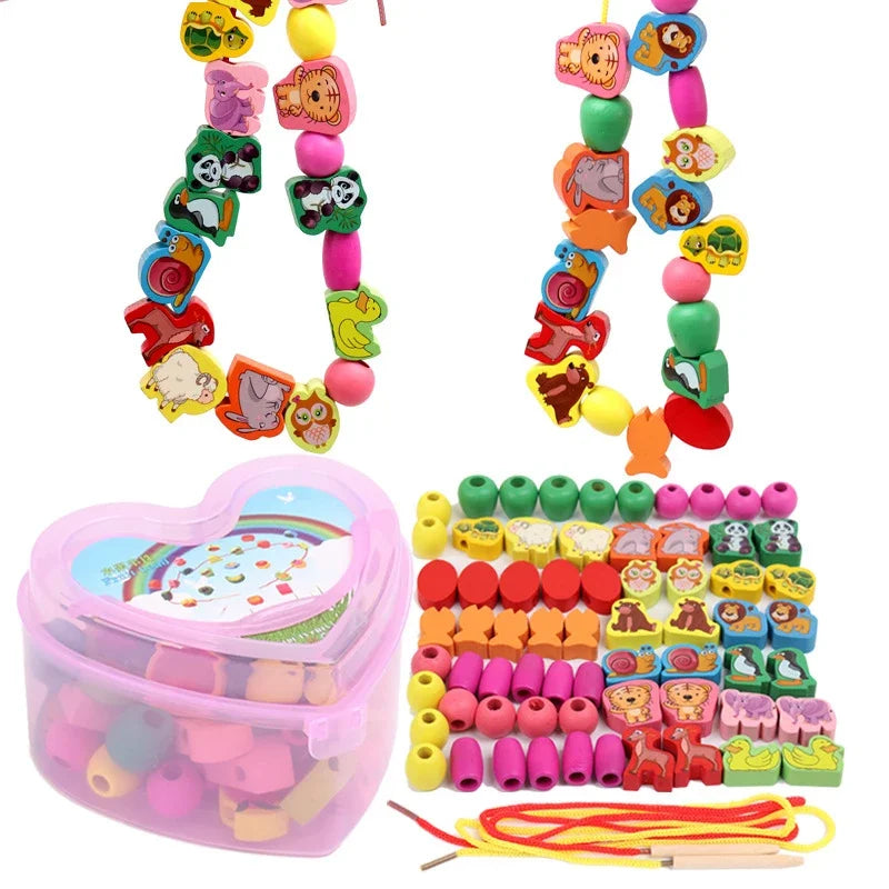 The New 50pcs/Lot Baby Wooden Lacing Beads set comes with animal shapes, stars, and round beads in a heart-shaped box. It supports educational play as children lace lions, elephants, and birds onto strings to develop fine motor skills. Strings are conveniently located at the bottom.
