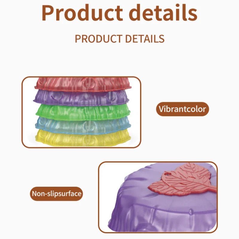 The Rainbow Luminous Balance Stones for Kids features colorful tree stump seat cushions in red, green, blue, yellow, and a detailed purple cushion with a leaf design. These vibrant stones have non-slip surfaces and are ideal for outdoor tactile balance training.