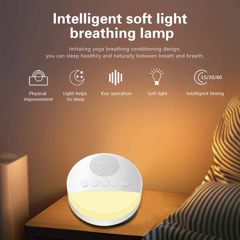 The Baby White Noise Machine USB Rechargeable Sleep Sound Player with Night Light and Timer sits on a bedside table, emitting a soft yellow glow. It features easy key operation, physical improvement, intelligent timer (15/30/60 min), and helps sleep.