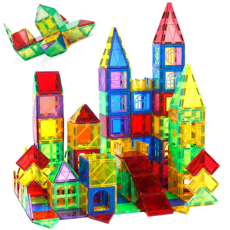 The Magnetic Building Blocks with Cars set features a castle-like structure with colorful transparent blocks in red, yellow, green, blue, and purple. It enhances fine motor skills and includes an abstract shape in the top left corner of this sensory educational toy for kids ages 3-8.