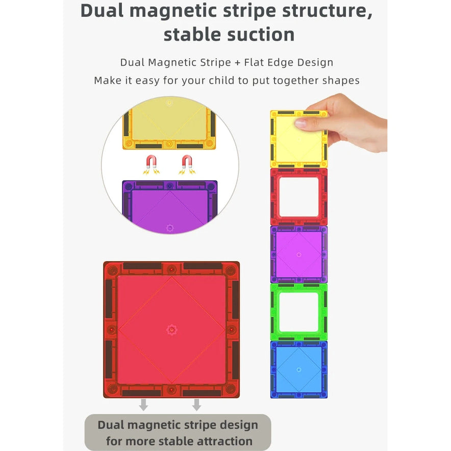 The image displays a hand stacking colorful Romboss Magnetic Educational Architecture Puzzle tiles, similar to a Building Blocks Toy. Text emphasizes the dual magnetic stripe and flat edges for stability, enhancing STEM learning and helping kids easily create shapes.