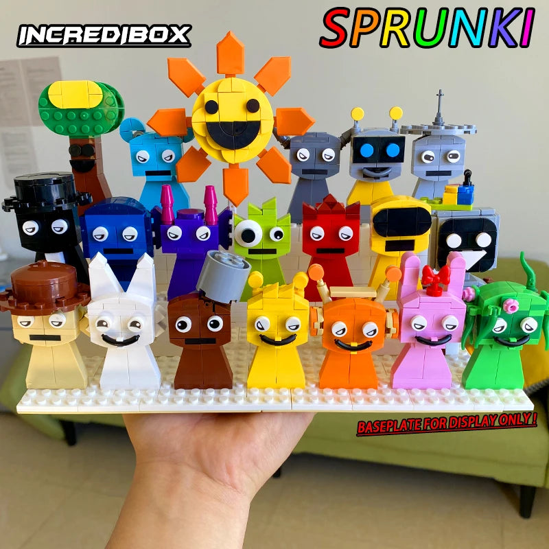 A hand holds the New Moc Incredibox Sprunki Building Blocks Set (716pcs), featuring unique, colorful figures inspired by horror anime and music games. Bold INCRIDIBOX and SPRUNK! text in the background adds to the festive, playful vibe.