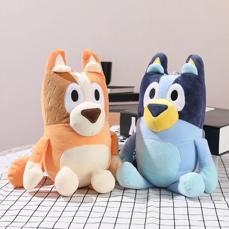 Two Bluey and Bingo Family Plush Toys, soft stuffed cartoon dog animals, sit side by side. Available in 17cm, 28cm, and 40cm—perfect birthday or Christmas gifts!.