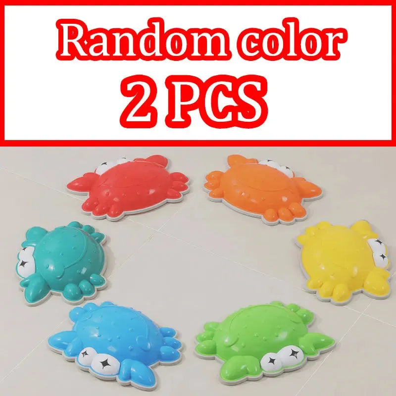 Six brightly colored, crab-shaped toys—red, orange, yellow, green, blue, turquoise—are in a circle on a light surface. These Montessori Sensory Integration Foot Toys aid balance training. A red and white sign above reads Random color 2 PCS. Suitable for ages 3-6 as educational learning materials.