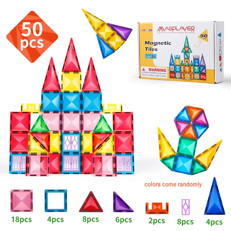 Explore the 50 pcs Montessori Magnetic Building Blocks Set, perfect for interactive learning. Features include squares (18), rectangles (4), large triangles (8), medium triangles (6), small triangles (2), trapezoids (8), and diamonds (4). Packaging located at the top right.