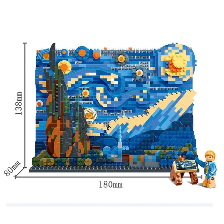 Build The Starry Night and The Great Wave of Kanagawa with Creative Art Van Gogh Paintings Micro Building Blocks Educational Toys for Kids—measuring 180mm x 138mm and featuring a minifigure artist with an easel.
