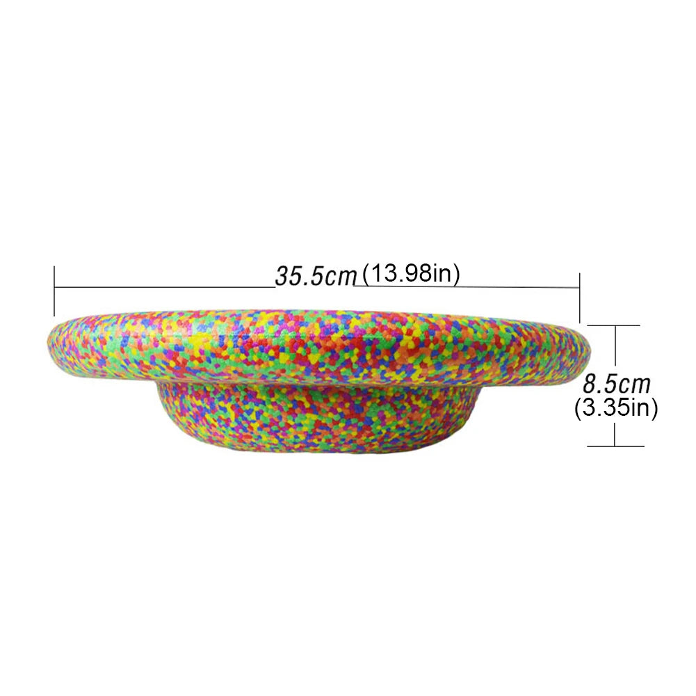 Stability Board Non-slip Balance Stepping Stones in a flower shape, shown from the side with dimensions labeled as 35.5 cm (13.98 in) diameter and 8.5 cm (3.35 in) height—a versatile unisex balance exerciser for home or school fun.