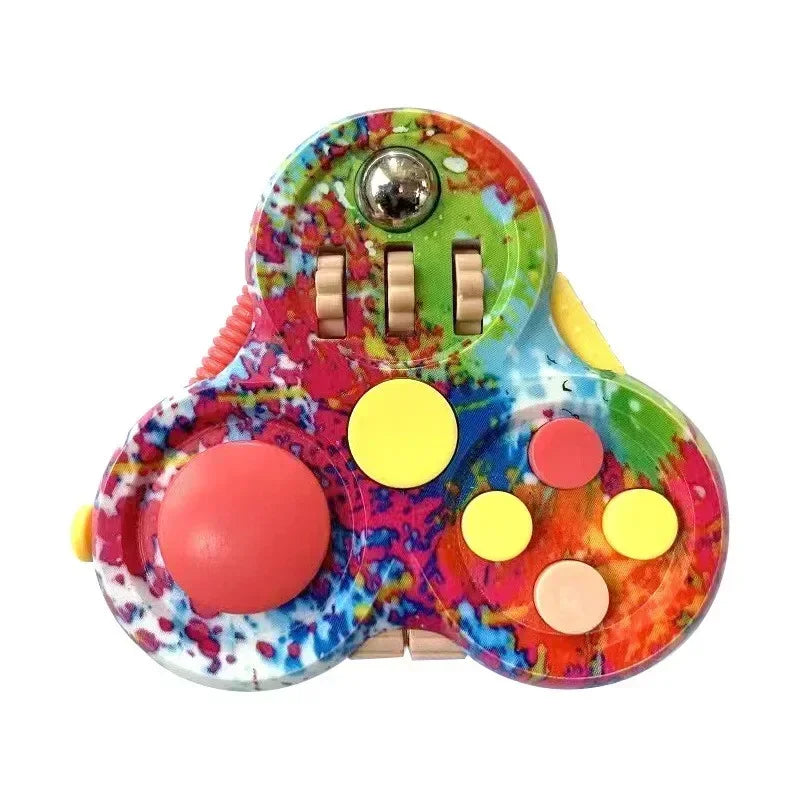 The Rotating Magic Bean Adult Antistress Fidget Toy is a colorful sensory pad made of durable ABS, featuring buttons, a joystick, a rolling metal ball, and textured sliders for stress relief—ideal for kids aged 3-6 with autism or ADHD.