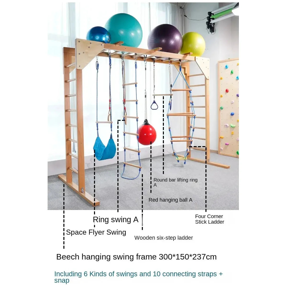 The Indoor Sensory Fitness Ladder for Kids includes a ring swing, space flyer swing, hanging ball, wood ladder, and rubber bands. It features a rock climbing wall and four-corner stick ladder, measuring 300x150x237 cm. Ideal for sensory training with easy setup using straps and snaps.