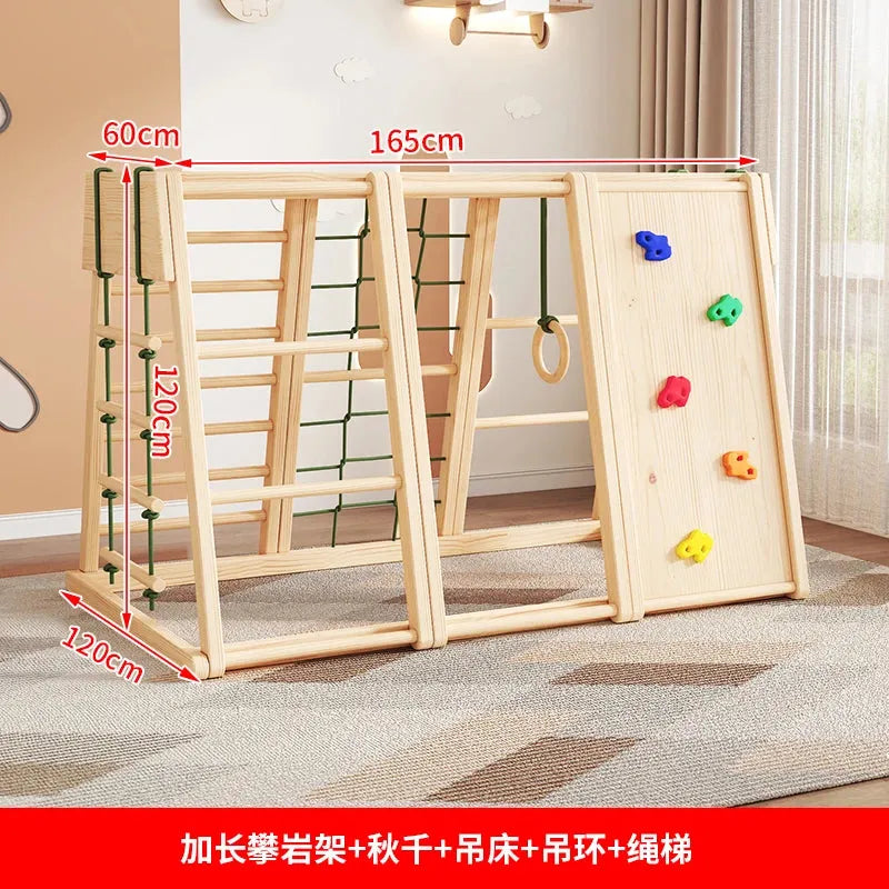 The Indoor Wooden Climbing Frame for Kids includes a ladder, climbing wall with colorful holds, rope ladder, and rings. Made from solid wood, it measures 60 cm wide x 120 cm high & deep x 165 cm long. Its designed for indoor use on carpeted floors near windows for sensory development and fun.