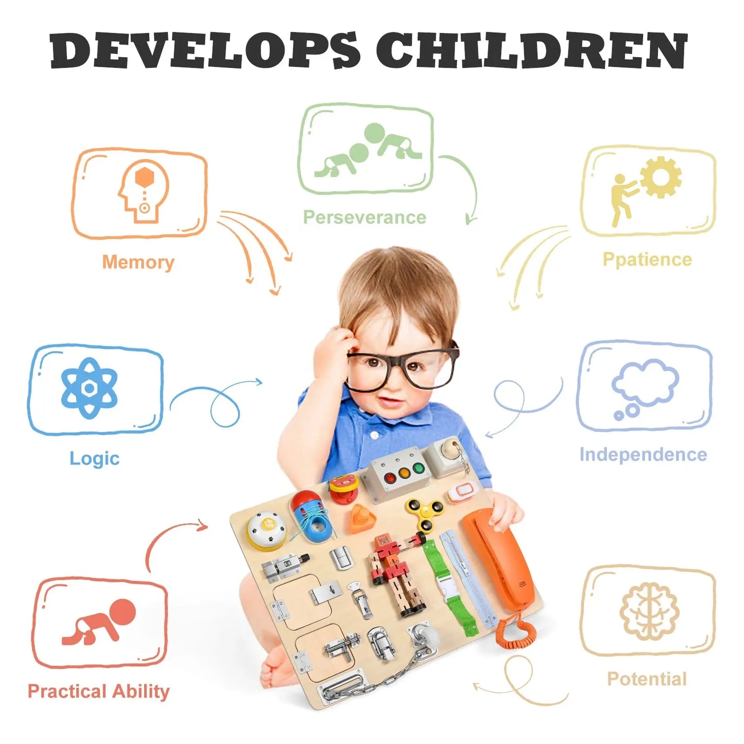 A child wearing glasses holds an Interactive Wooden Activity Board for Children, featuring Montessori materials. Icons around them read: Memory, Perseverance, Patience, Logic, Independence, Practical Ability, Potential—promoting early childhood development with this engaging sensory learning toy.
