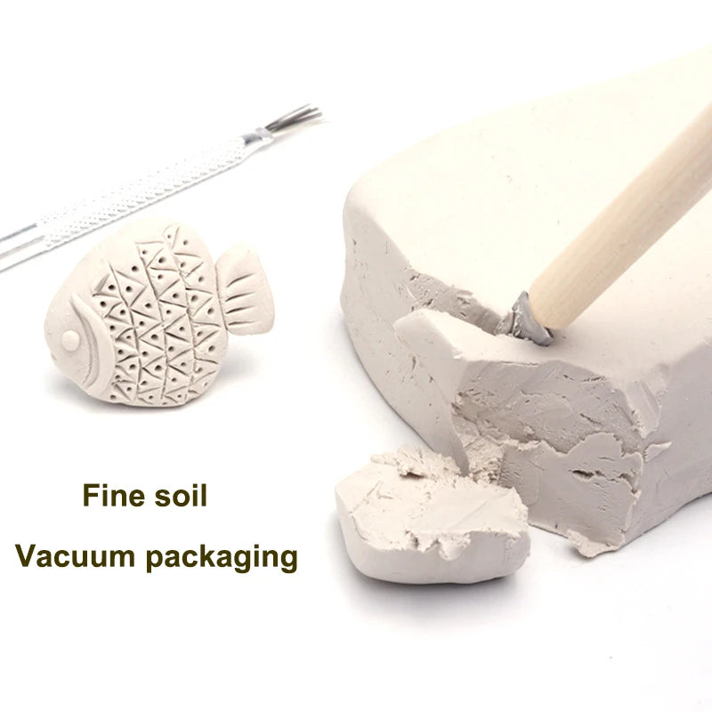 A clay block is being carved with a tool, beside it lies a fish-shaped imprint. The text says, “No-bake Air-dried Shaping DIY Plasticine Clay Set—includes 12 Colors of Paint for educational pottery sculpture and childrens creativity.”.