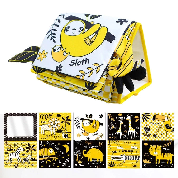 The Crinkle Cloth Book is a foldable baby book featuring animal illustrations, including a sloth, lion, and elephant. Designed for sensory exploration and visual stimulation with black, white, and yellow colors, it includes a mirror to captivate infants curiosity.