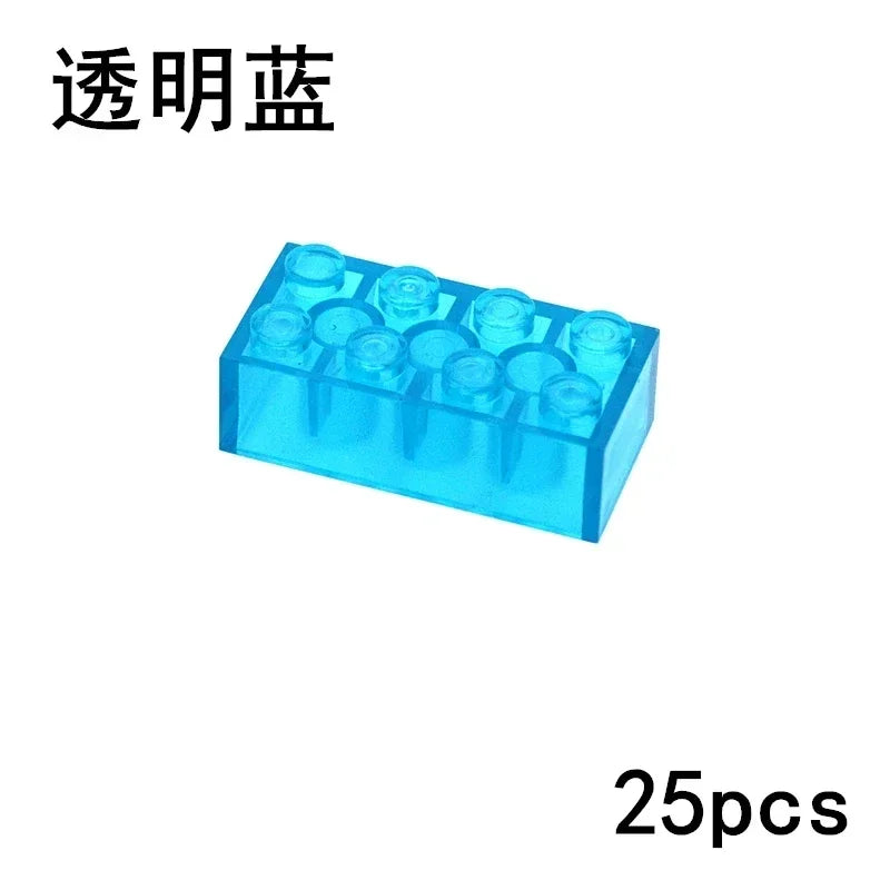A clear blue 2x4 MOC Transparent Bulk Brick, compatible with Lego, is shown with Chinese text at the top left and 25pcs at the bottom right—ideal for expanding your building block collection.