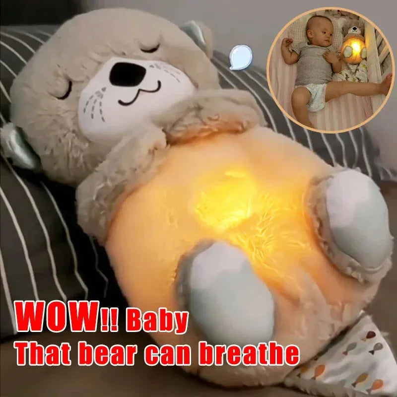 A Musical Breathing Otter Plush Toy with Light and Sound rests on a striped pillow, its belly glowing warmly. Text reads WOW!! Baby That otter can breathe. An inset shows a baby beside the otter, surrounded by its soothing glow—ideal for enhancing newborn sensory experiences.