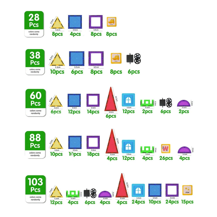 The image features Magplayer Magnetic Building Blocks, a Montessori-inspired educational toy set with 28, 38, 60, 88, or 103 pieces including triangles, squares, rectangles, wheels, and arches in assorted colors—a perfect blend of fun and learning!.