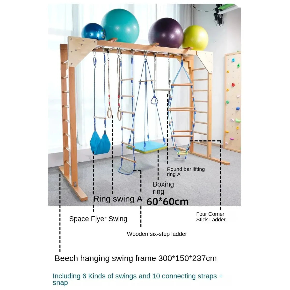 The Indoor Sensory Fitness Ladder for Kids is a captivating wooden play structure designed for fun and development, featuring a Childrens Climbing Apparatus, a space flyer swing, ring swings, boxing ring, round bar lifting ring, six-step ladder, beech hanging swing frame with six swing types and 10 straps.