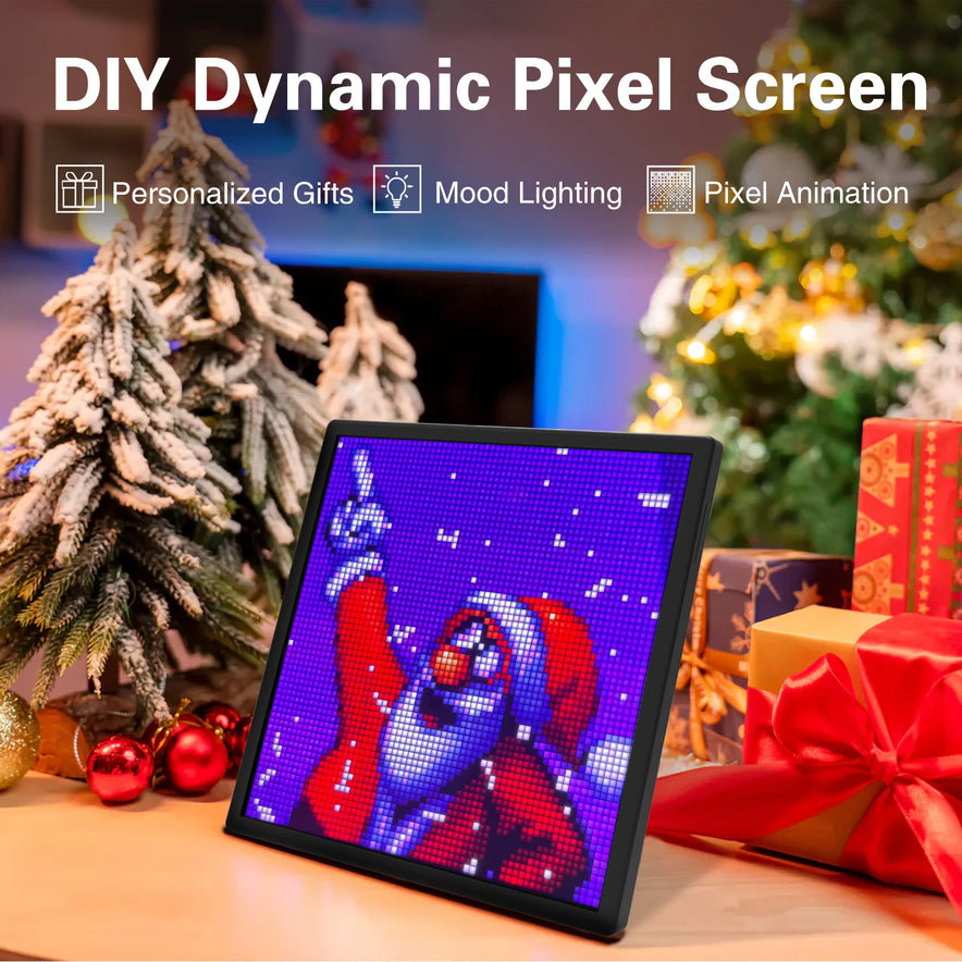 A LED Pixel Display 64x64 RGB Matrix shows Santa waving on a table with Christmas decor, tree, and gifts. Text above highlights personalized gifts, mood lighting, and a smart night light with pixel animation—all via Bluetooth app control.