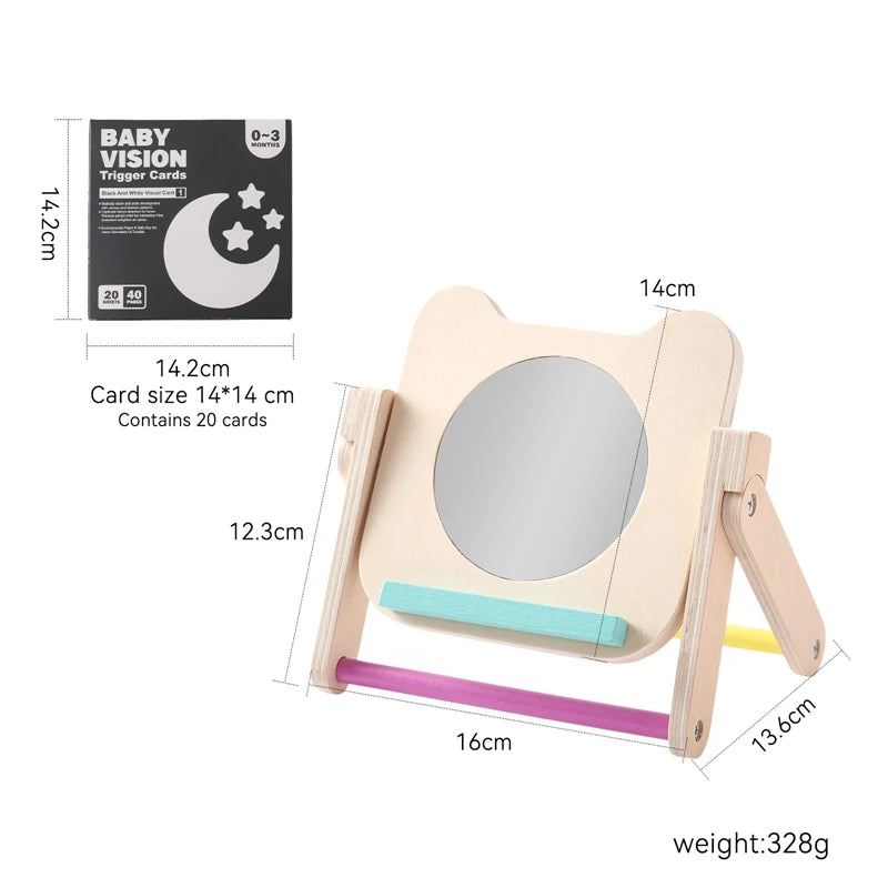 The Mirror Set includes a wooden baby mirror with stand, colorful bars, and 20 vision trigger cards (14x14cm each). Weighs 328g. Pairs perfectly with the Silicone Montessori Sensory Activity Board Fidget Toy for Kids Anxiety Relief.