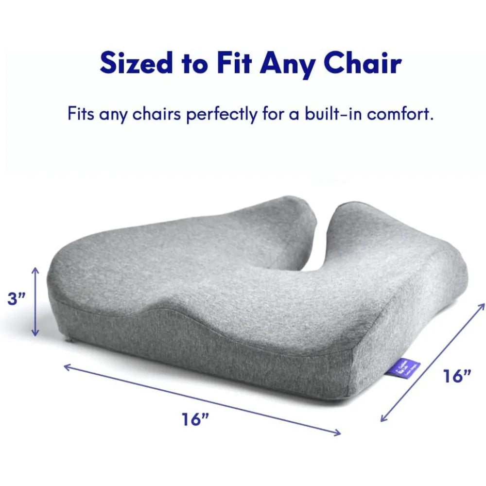 The Cushion Lab Patented Pressure Relief Seat Cushion is a gray memory foam cushion with a U-shaped cutout, tailored for long sitting hours on any chair, car, or wheelchair. Its contoured 16x16x3-inch design ensures comfort and support. Text: Sized to Fit Any Chair.