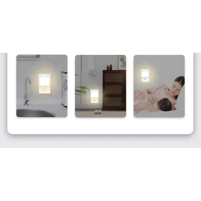 Three images demonstrate the versatility of the Dimmable Motion Sensor LED Night Light with EU Plug: it illuminates a bathroom sink, serves as a dimmable cabinet light, and emits a gentle glow in babys room while held by a mother.