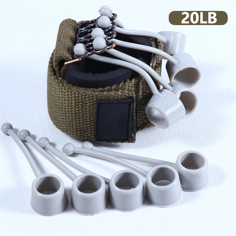The Forearm Grip Strengthener features gray silicone finger grips on a khaki wrist strap, labeled 20LB. It includes loops with cords for resistance and strength training, making it perfect for enhancing grip power.