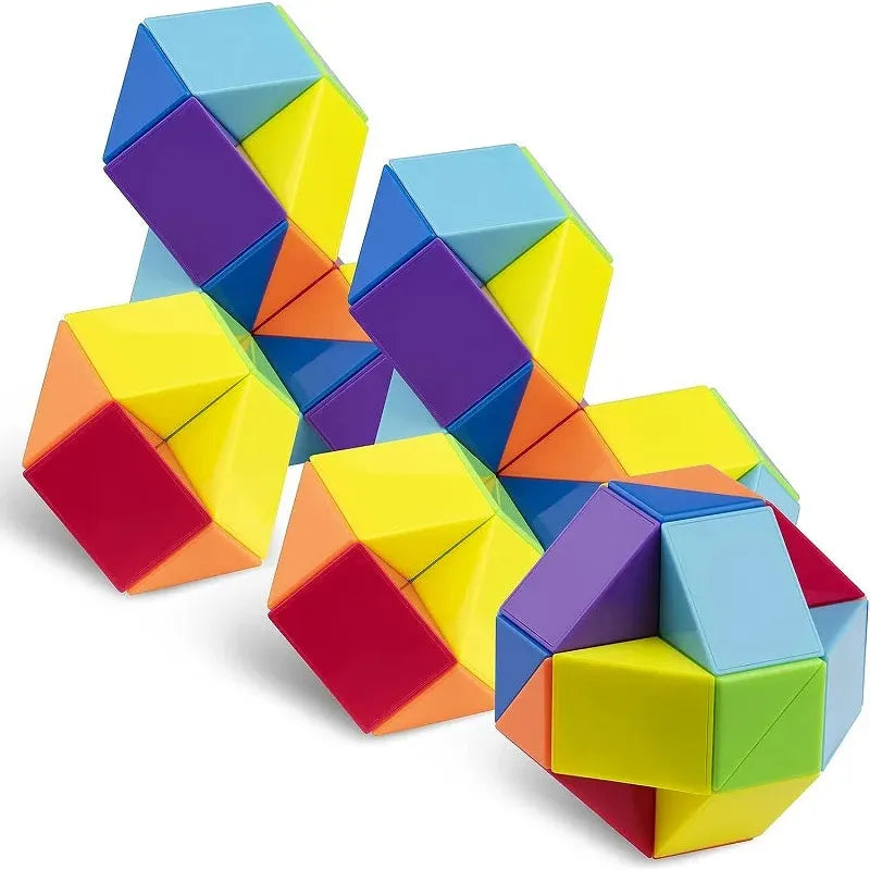 The Rainbow Transformable Fidget Snake Cube is an engaging brain teaser toy featuring interconnected cubes in vibrant blue, yellow, red, green, and orange. It can form a star or circular loop with 24/48 segments, making it perfect for curious minds.