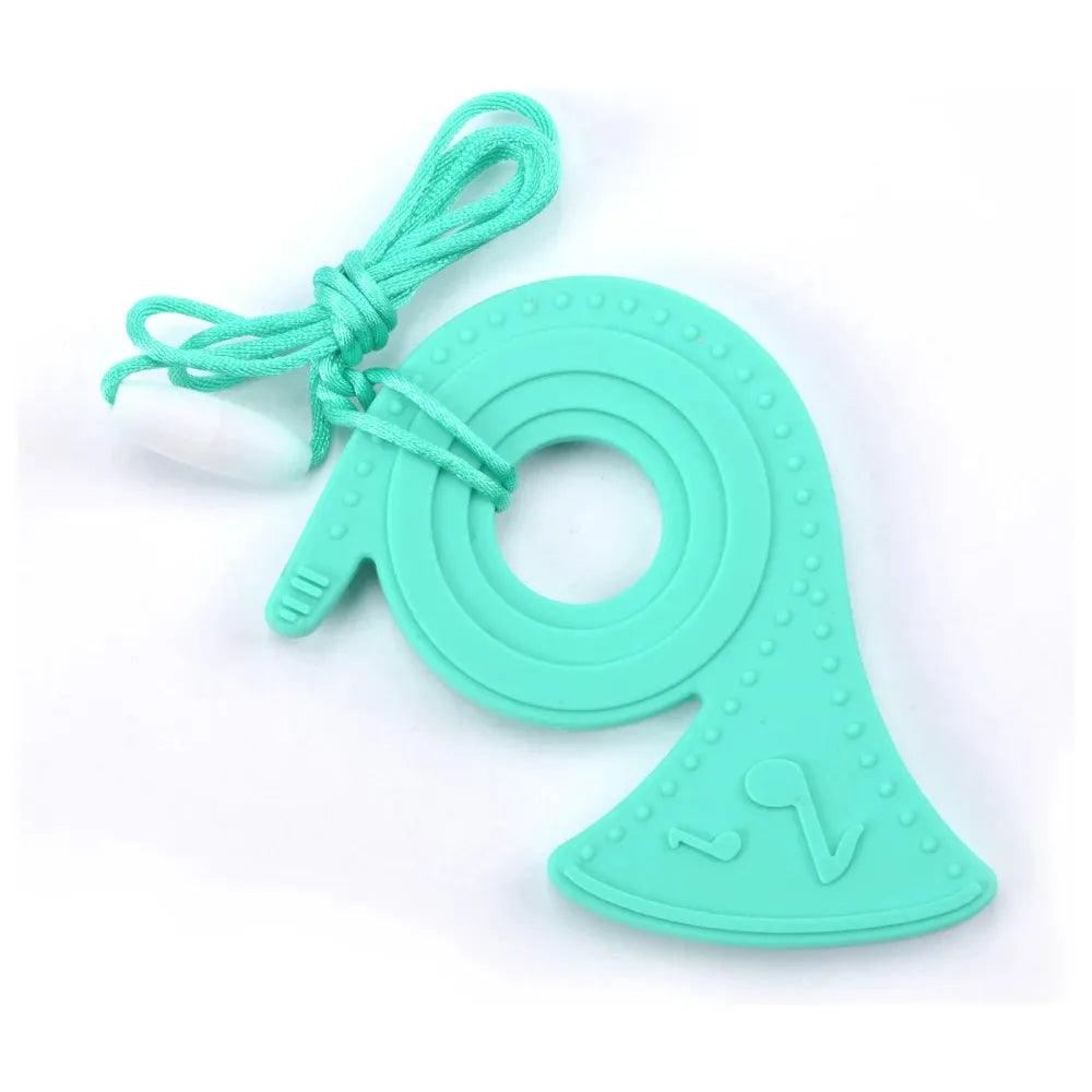 Teal, duck-shaped silicone chewable necklace with a dotted texture and round cutout, perfect for oral motor therapy. This necklace includes a teal cord, making it a stylish sensory teether pendant for kids with autism and ADHD.