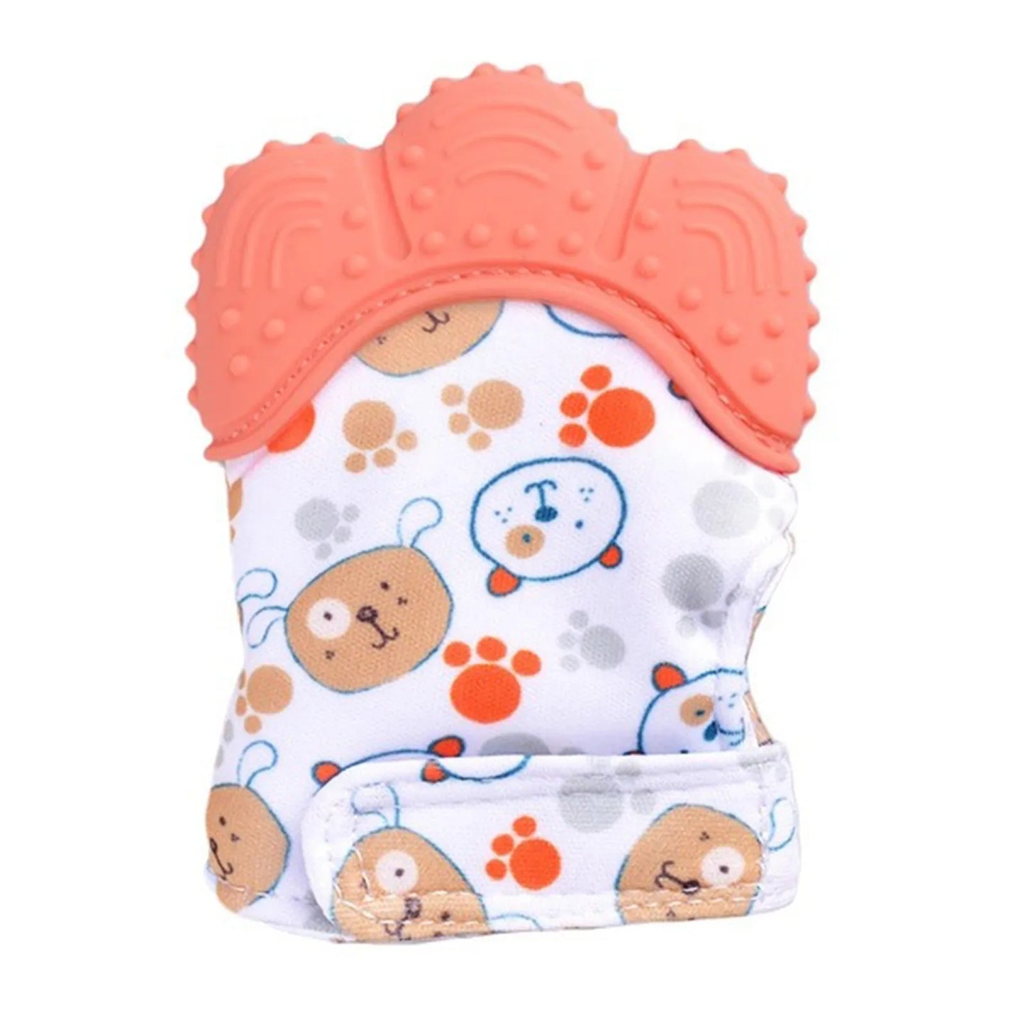 The Baby Silicone Mitts Teething Mitten Cartoon Shaped Glove Soft Teether features a red textured rubber top, a fabric body with bear faces and paw prints, and is crafted from safe materials. It includes a Velcro strap for easy attachment to your babys hand.