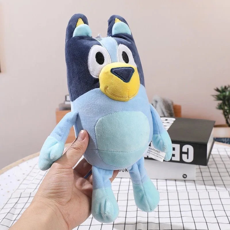 A hand holds a Bluey & Bingo Family Plush Toy—a cute blue cartoon dog stuffed plush, available in 17cm, 28cm, and 40cm. Perfect for birthday or Christmas gifts for fans of cartoon dog animals!.