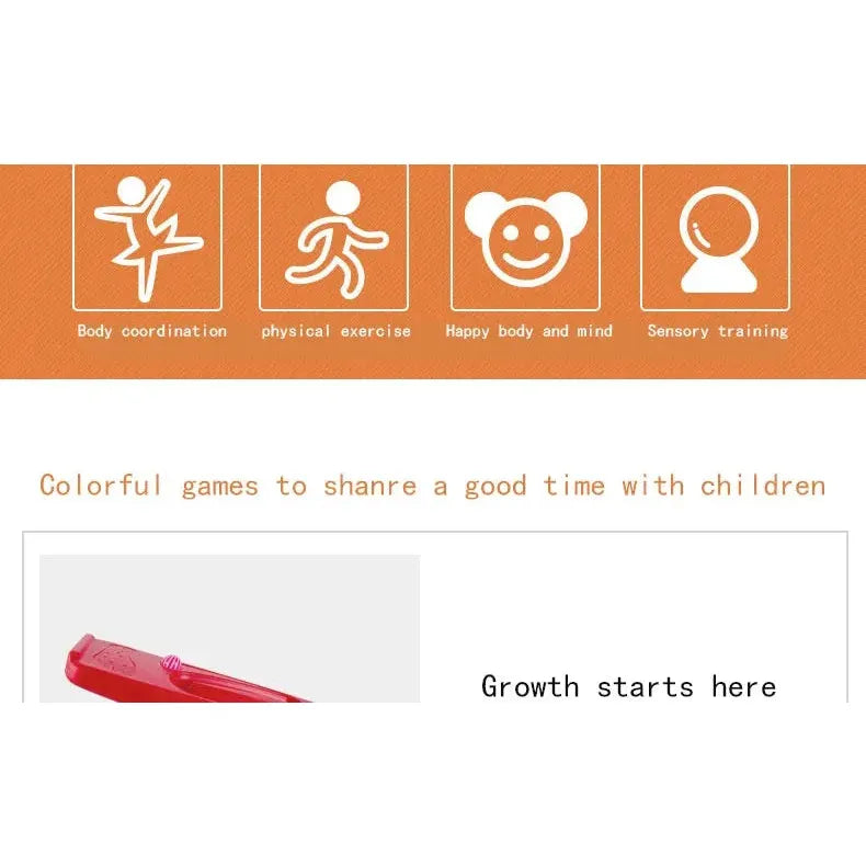 An orange banner with icons and text: Body coordination, Physical exercise, Happy body and mind, Sensory training. Below, it reads, Colorful games to share a good time with children using an Interactive Outdoor Balance Board Seesaw for Kids. Image of a red item. Growth starts here in the corner.