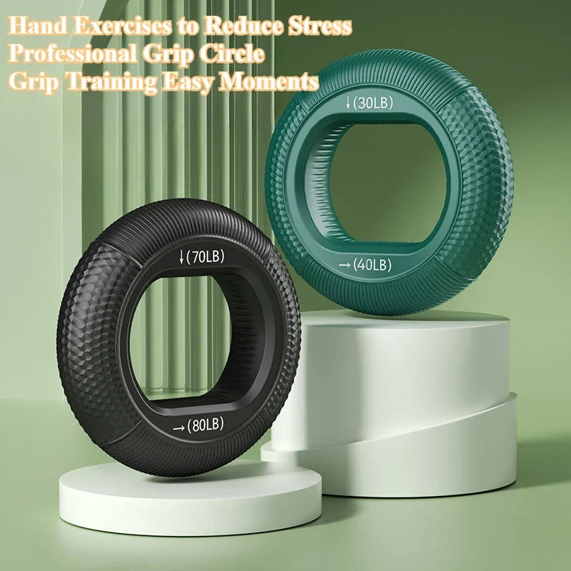 Three textured Silicone Grip Trainer Rings in black, green, and dark green are displayed on white platforms. Each ring is labeled with resistance: 30LB, 40LB, 70LB, and 80LB. Text reads: Hand Exercises to Reduce Stress, Professional Grip Circle for Strengthening and Wrist Rehab.