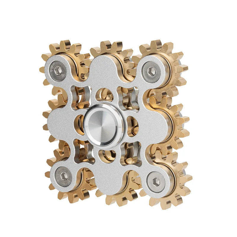 The Bike Chain Metal Fidget Spinner with Magnetic Slider is a stress relief toy featuring 9 golden gears and a central spinning button, all encased in a silver frame. Perfect for adults, this intricate design offers both fun and relaxation.
