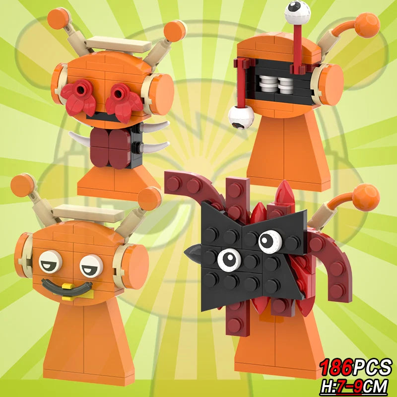 Four quirky New Moc Incredibox Sprunki figures inspired by horror anime, with googly eyes and spikes. Set includes 186pcs, each H:7-9CM—perfect building blocks for creative play! Displayed on a yellow-green background.