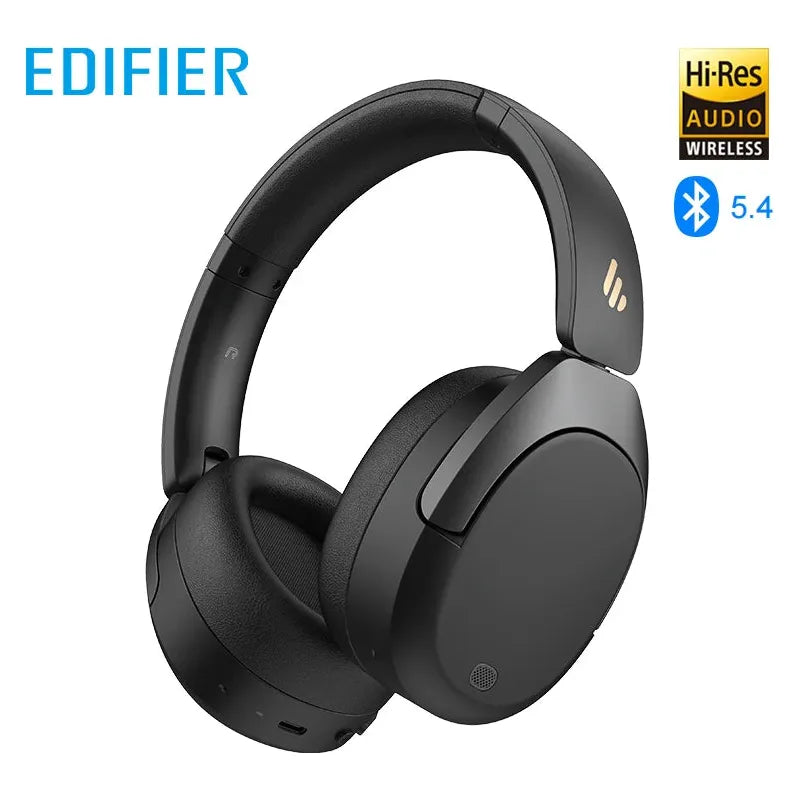 A pair of black Edifier W830NB over-ear headphones with cushioned ear cups and headband are shown alongside logos for Hi-Res, Bluetooth 5.4, and Active Noise Cancellation, emphasizing the product features.