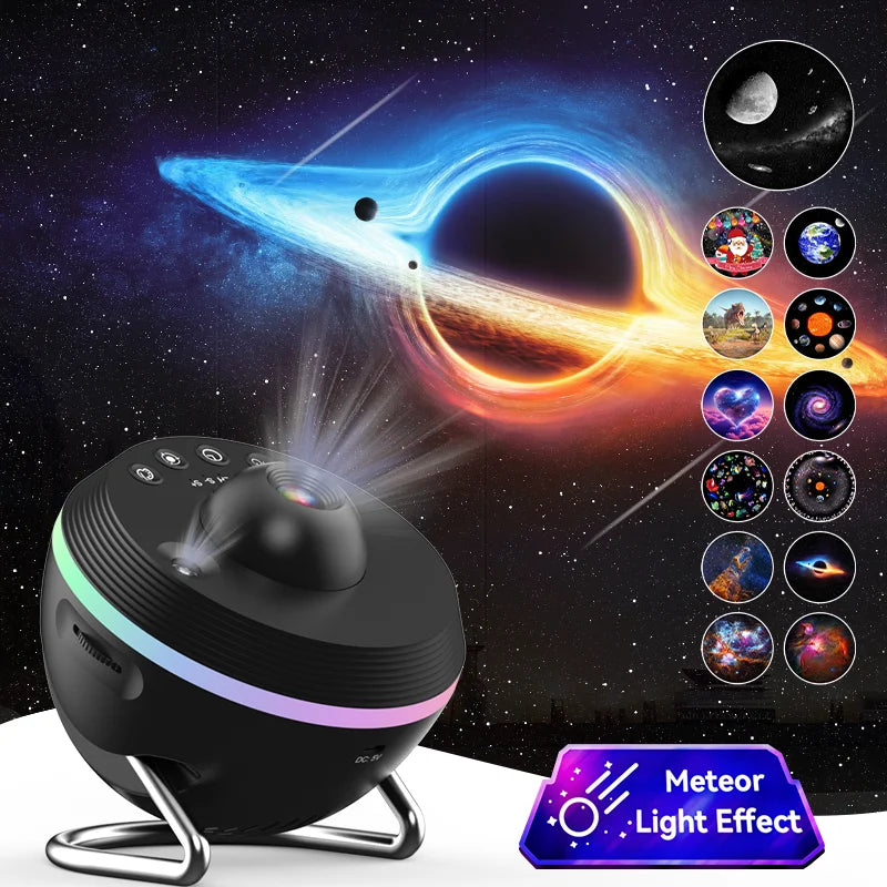 The 12 IN 1 Galaxy Star Projector features LED bulbs that project colorful space scenes, including a glowing planet and meteor effects. Smaller images show diverse projections. A label reads Meteor Light Effect night light.