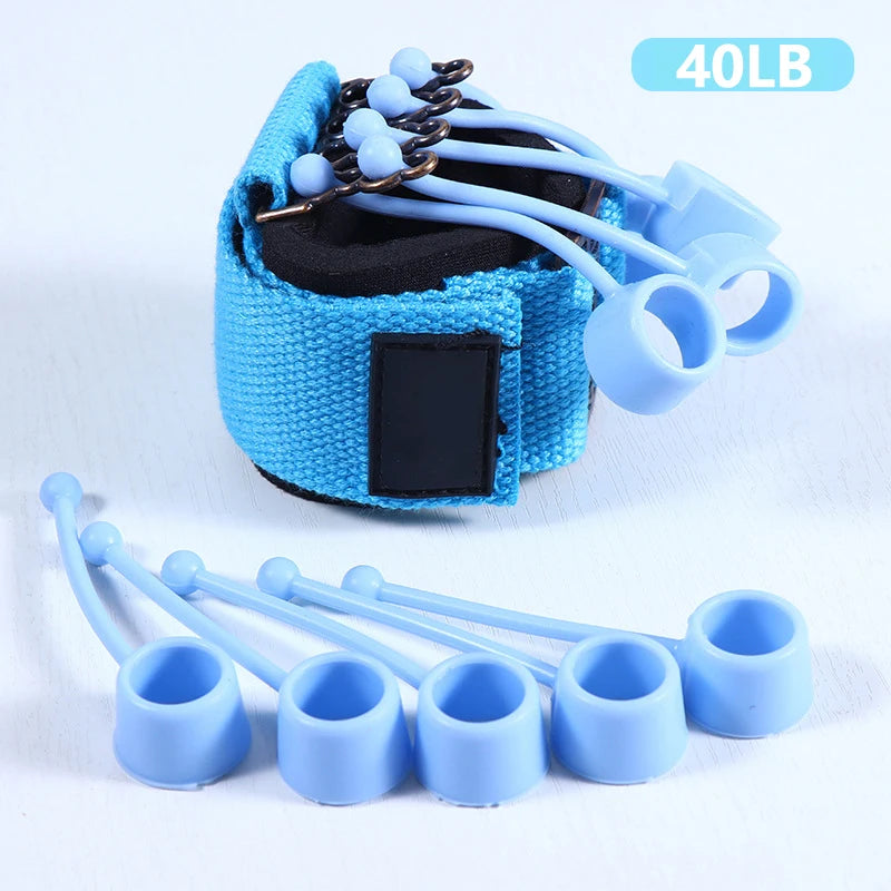 Blue Forearm Grip Strengthener labeled 40LB features adjustable tension, elastic loops, and a wrist strap to enhance hand strength. Set against a white background. Product: Forearm Grip Strengthener - Hand and Finger Trainer for Enhanced Grip Power.